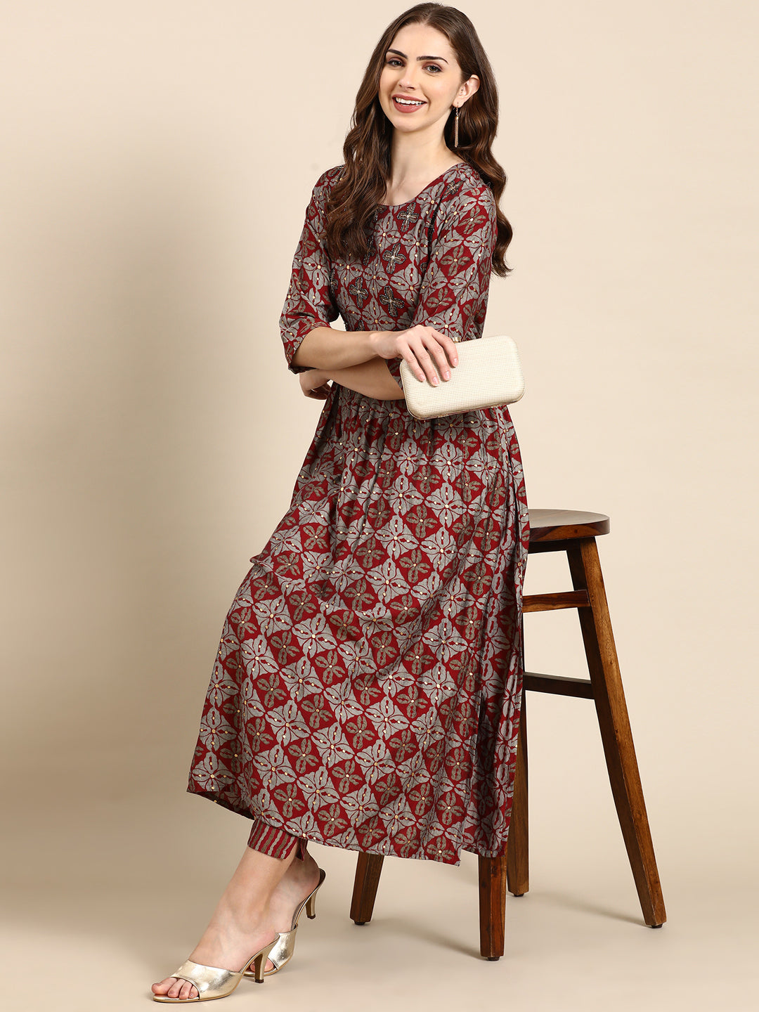 Women's Maroon Printed Kurta Set