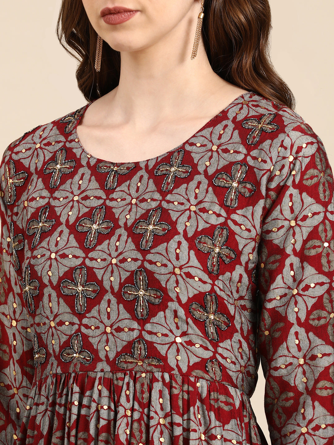 Women's Maroon Printed Kurta Set