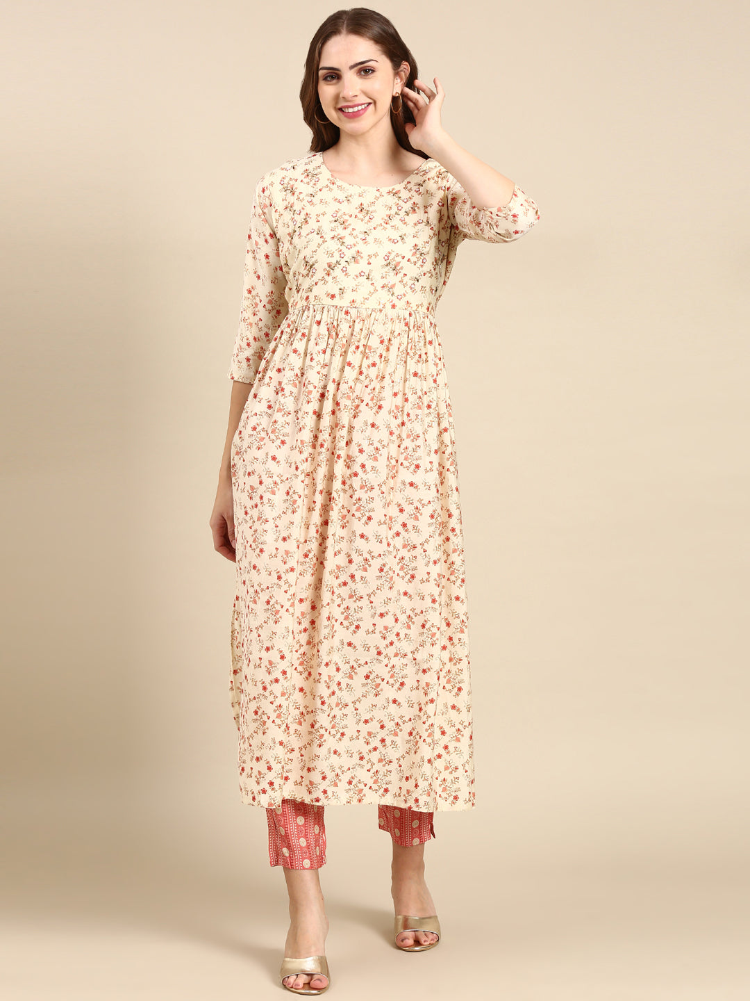 Women's Cream Printed Kurta Set