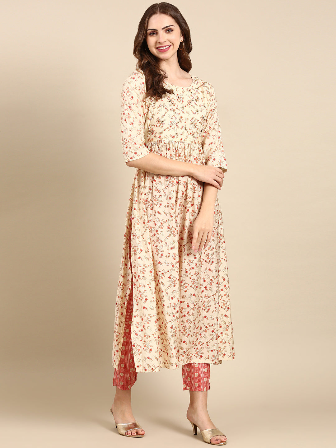 Women's Cream Printed Kurta Set