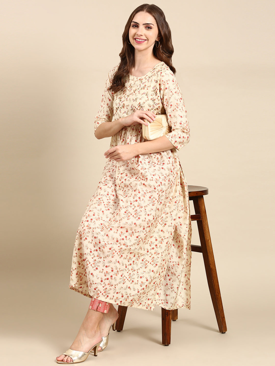 Women's Cream Printed Kurta Set