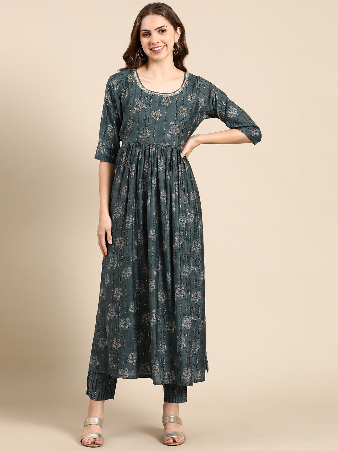 Women's Teal Printed Kurta Set