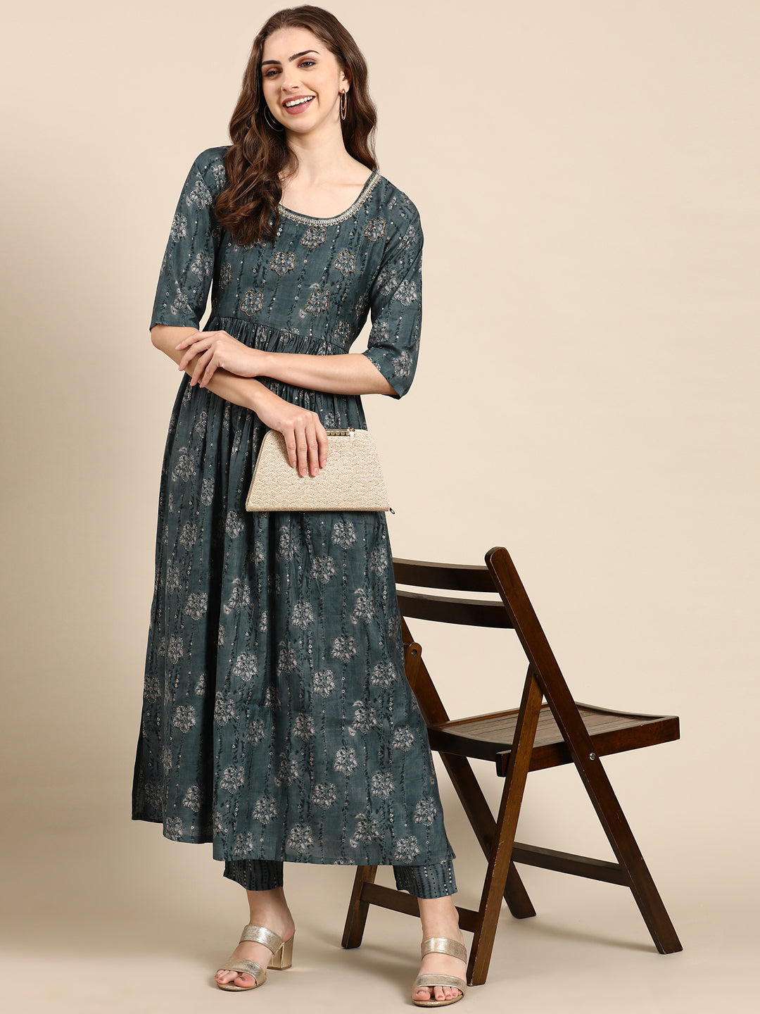 Women's Teal Printed Kurta Set