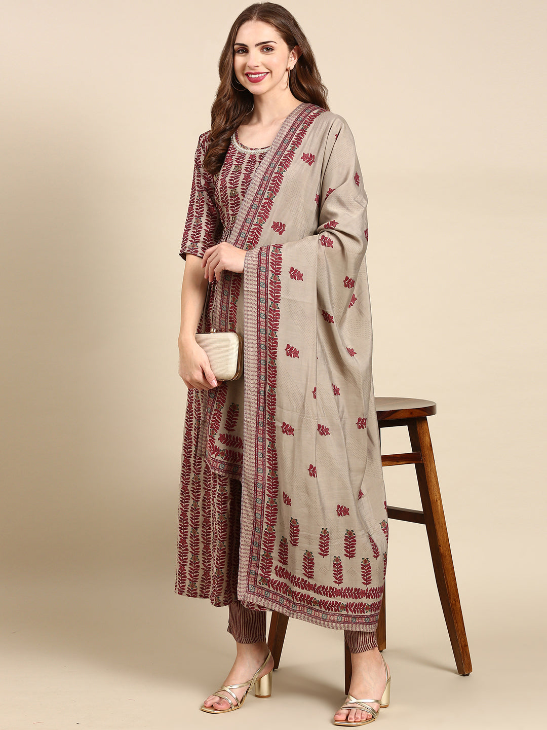 Women's Maroon Printed Kurta Set