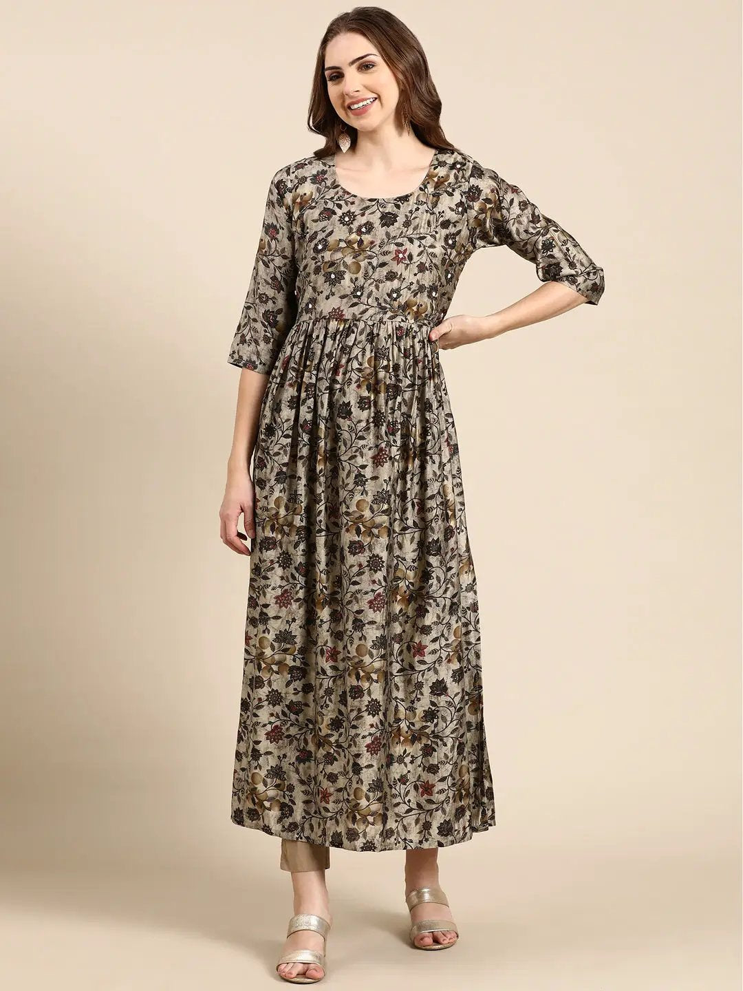 Women's Taupe Floral Anarkali Kurta