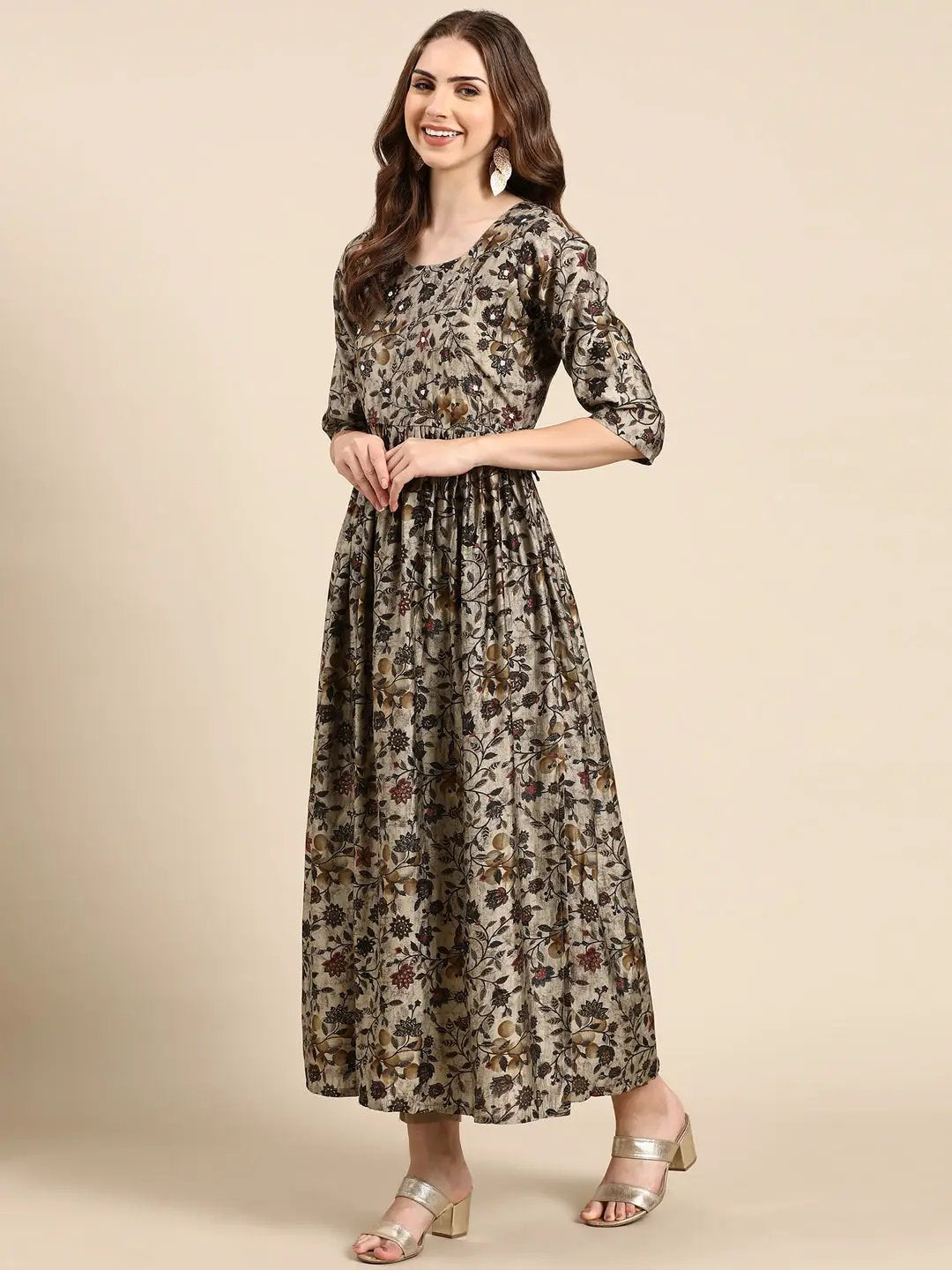 Women's Taupe Floral Anarkali Kurta