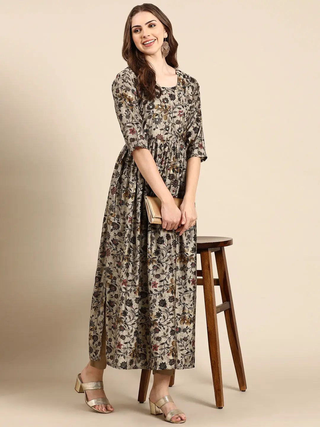 Women's Taupe Floral Anarkali Kurta