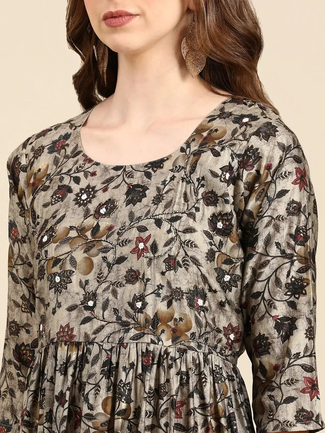 Women's Taupe Floral Anarkali Kurta