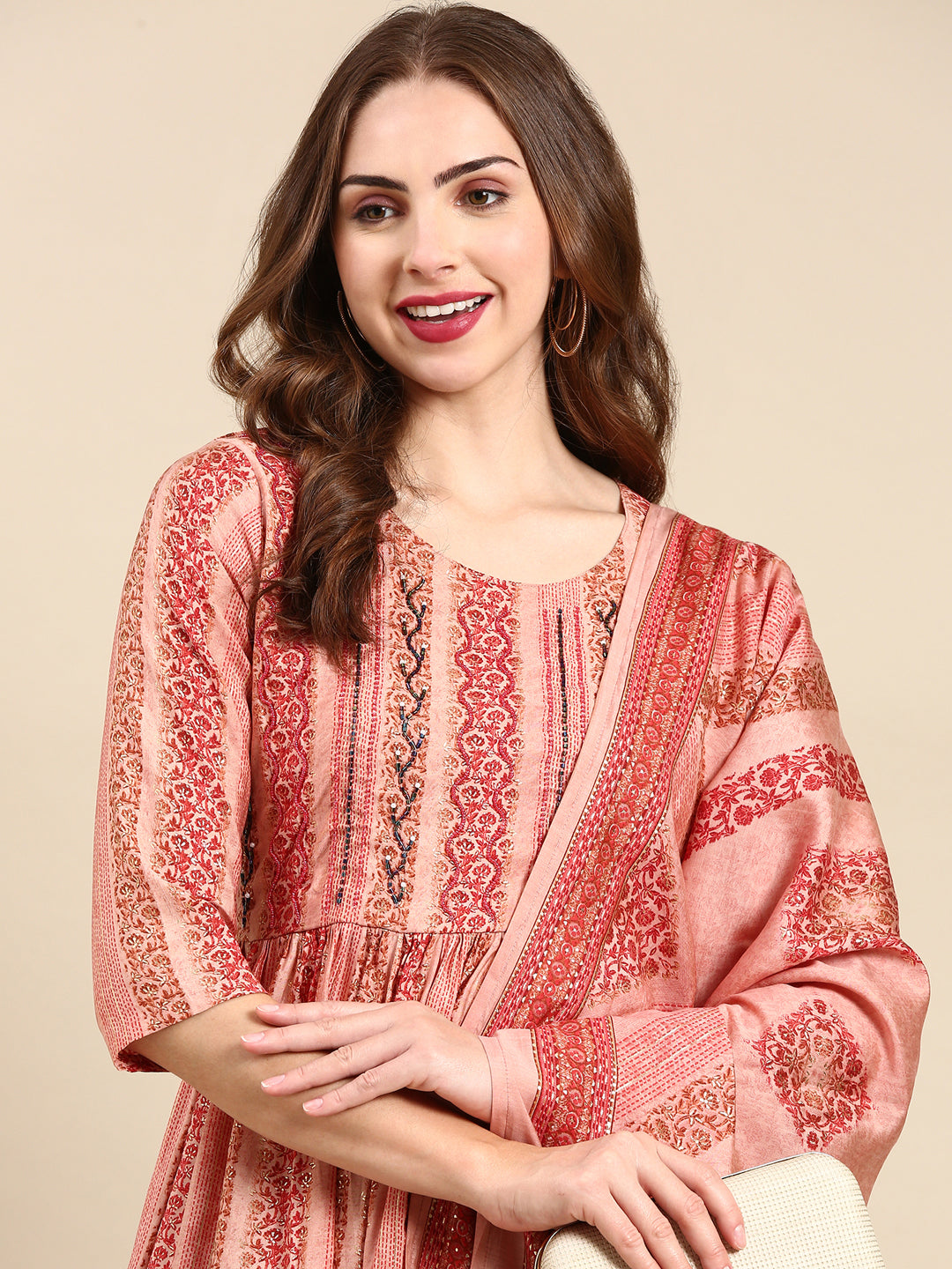 Women's Peach Printed Kurta Set