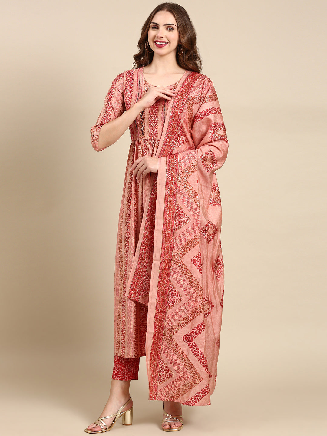 Women's Peach Printed Kurta Set