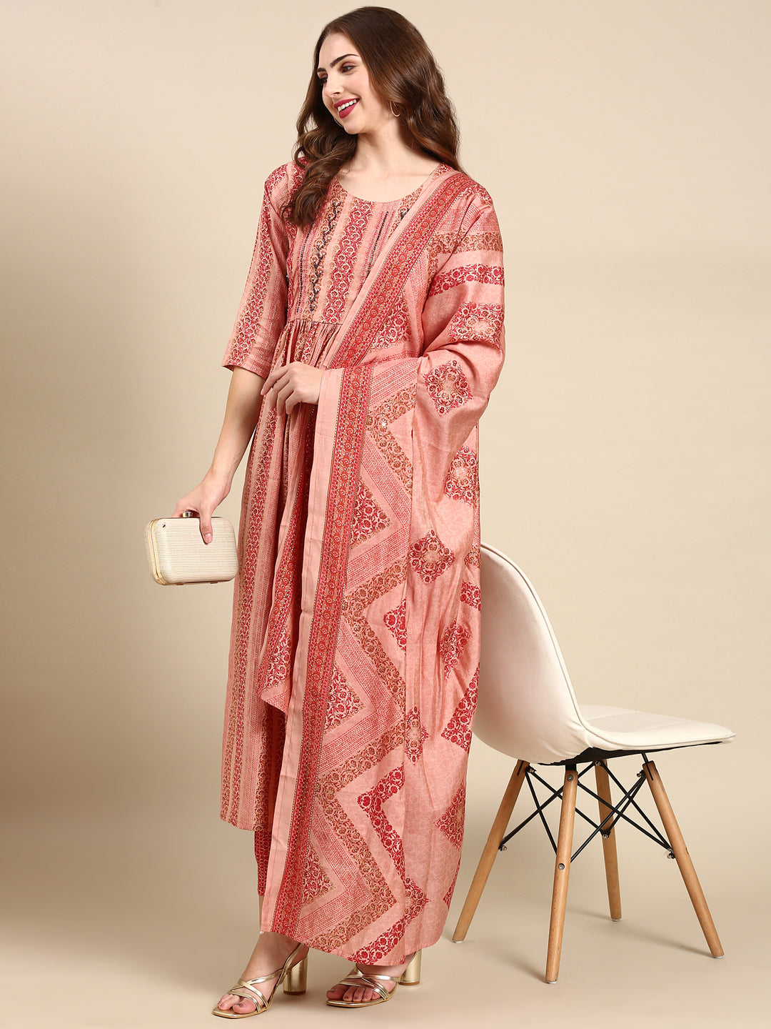 Women's Peach Printed Kurta Set