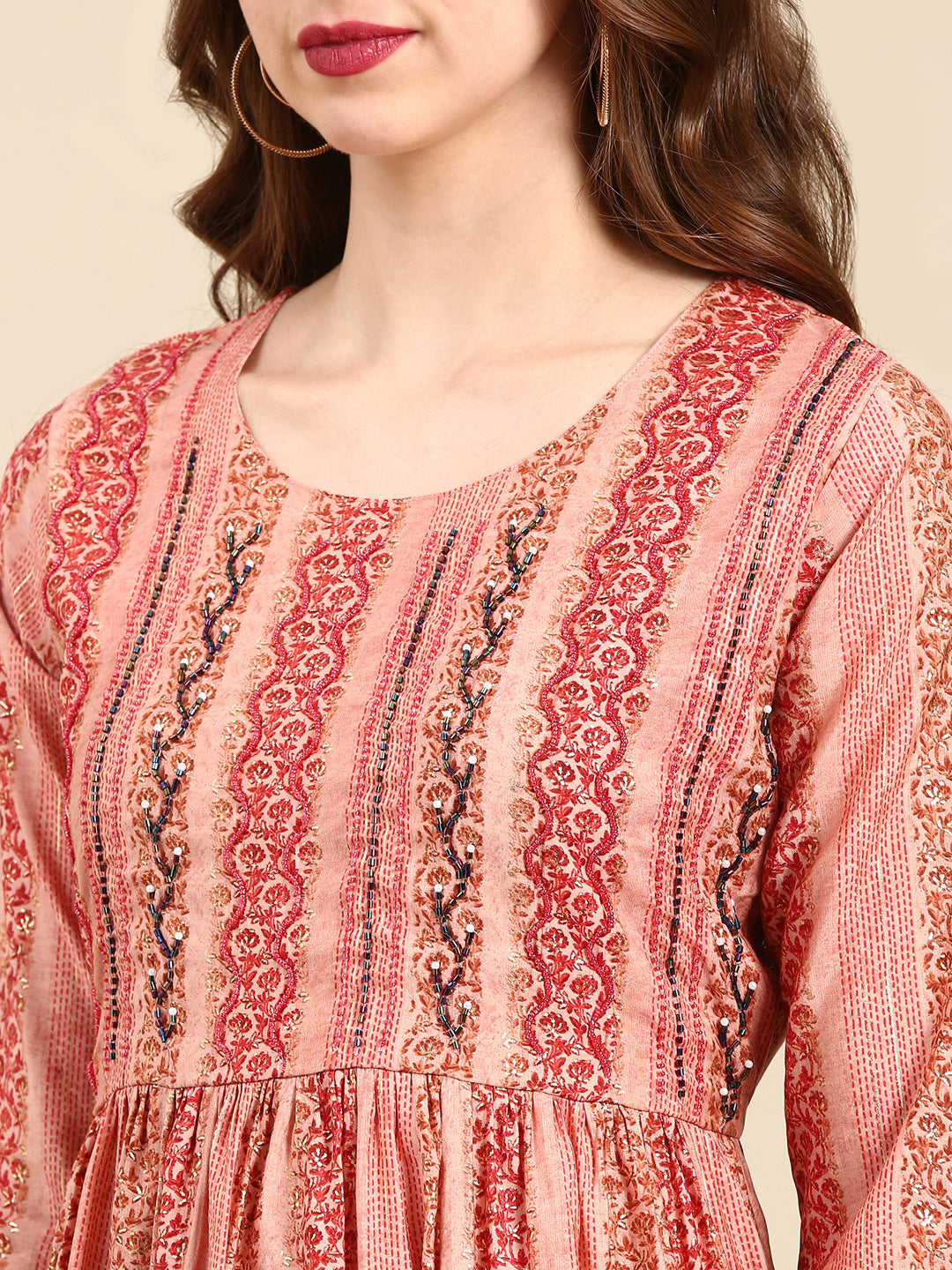 Women's Peach Printed Kurta Set