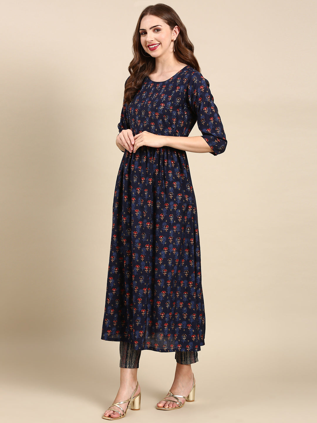 Women's Navy Blue Printed Kurta Set