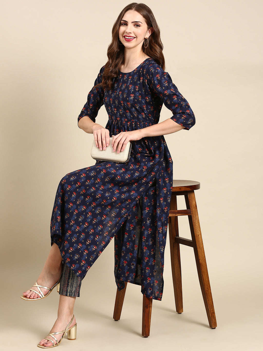 Women's Navy Blue Printed Kurta Set