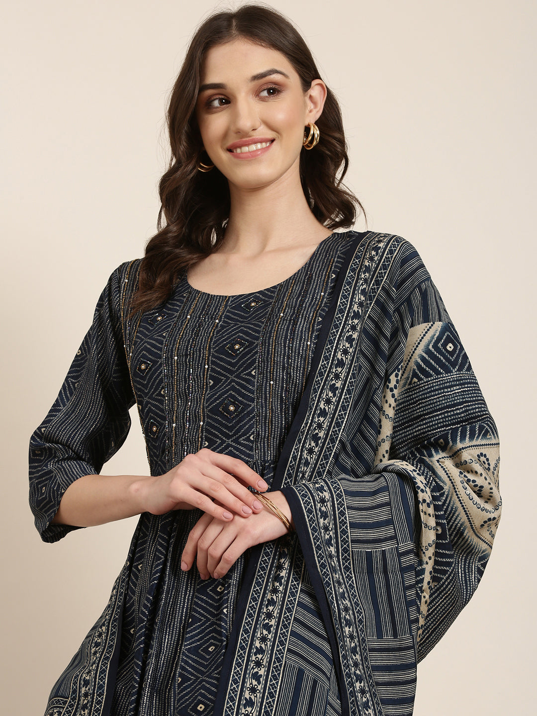 Women Navy Blue Printed Kurta Set