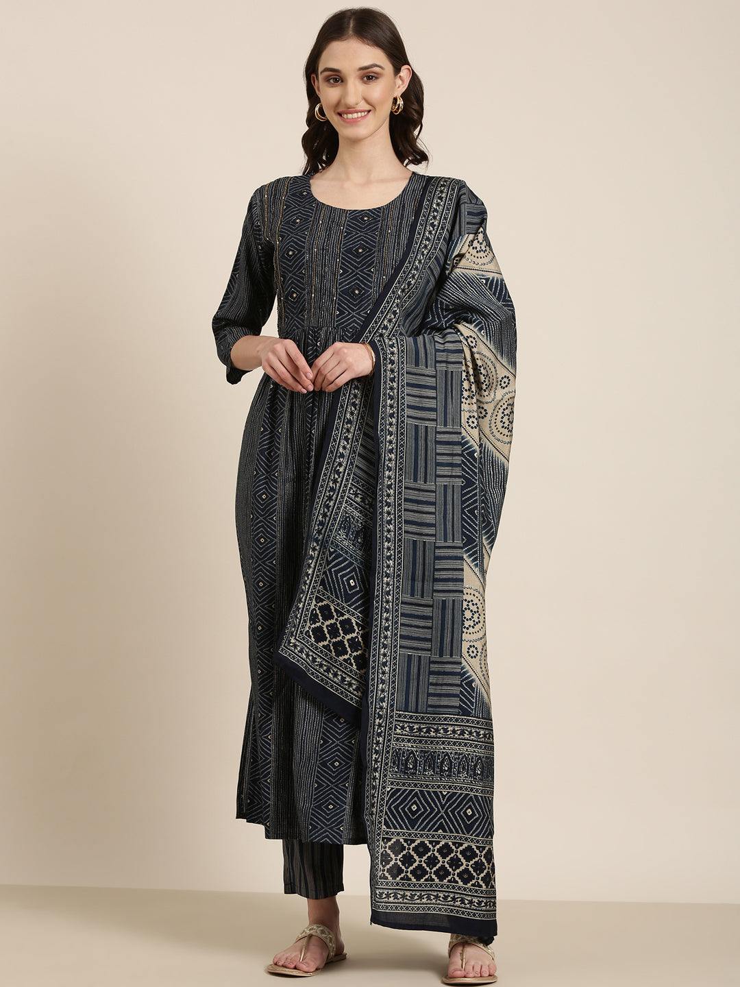 Women Navy Blue Printed Kurta Set