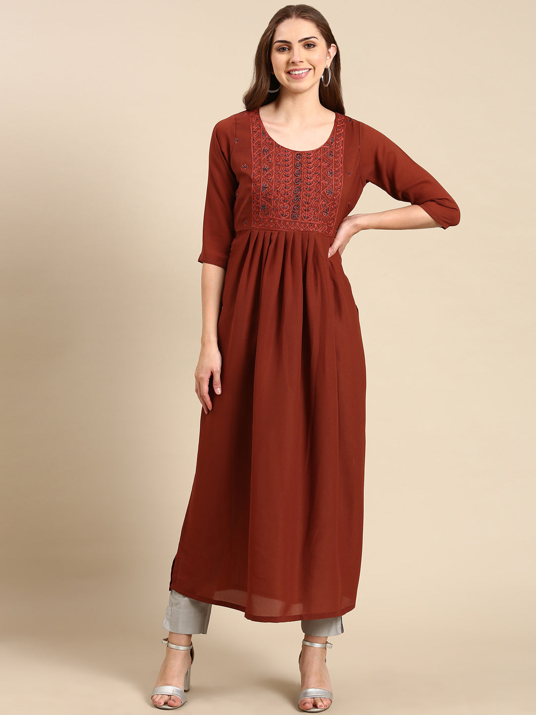 Women's Brown Embellished Anarkali Kurta