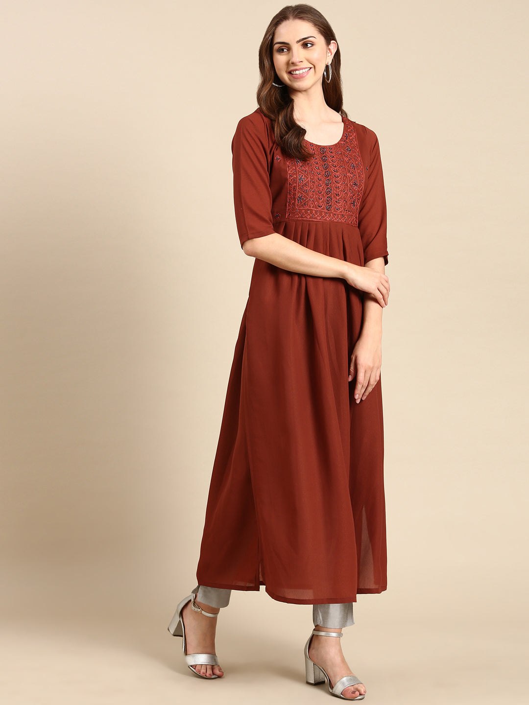 Women's Brown Embellished Anarkali Kurta