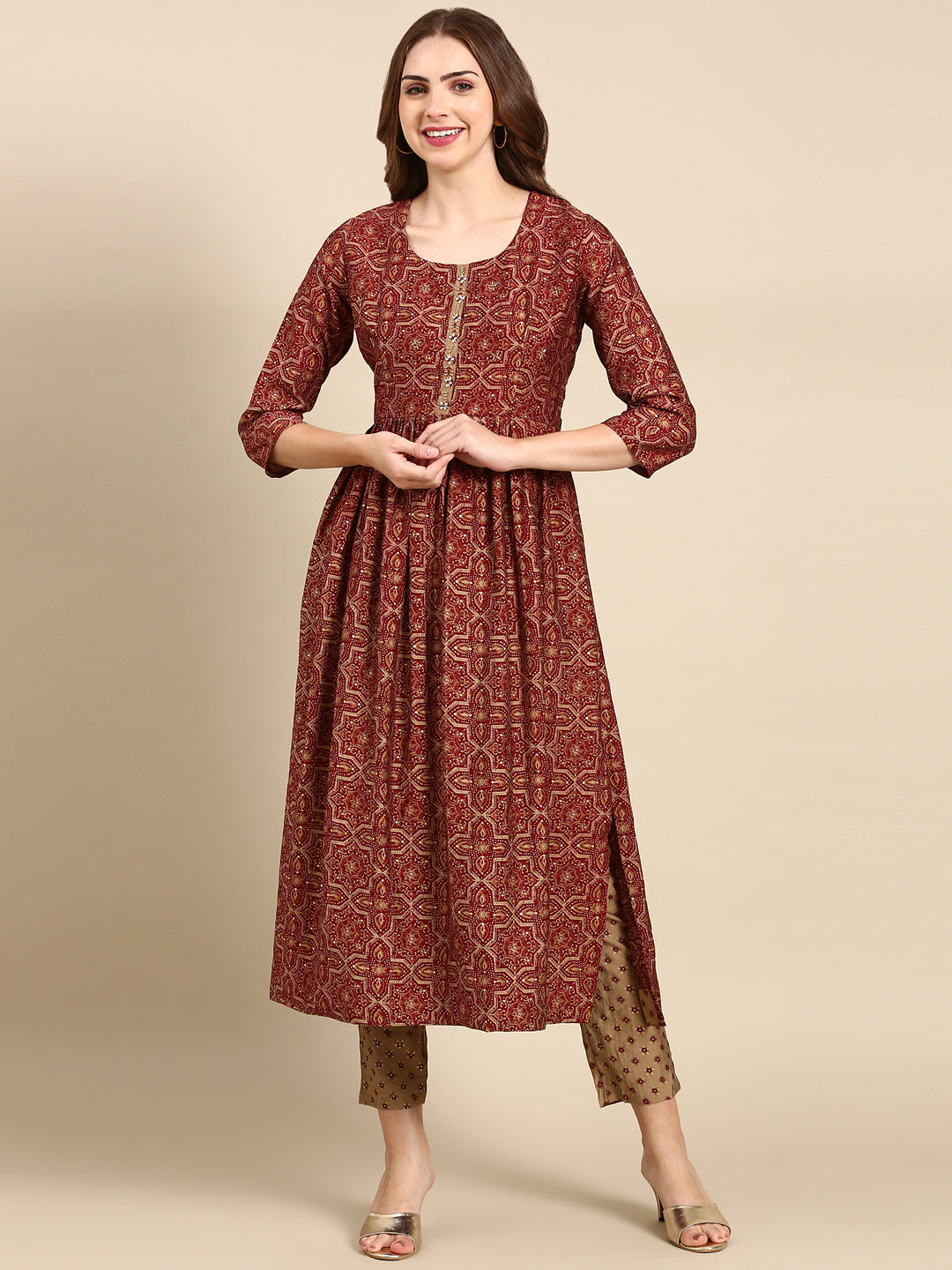 Women's Maroon Printed Kurta Set