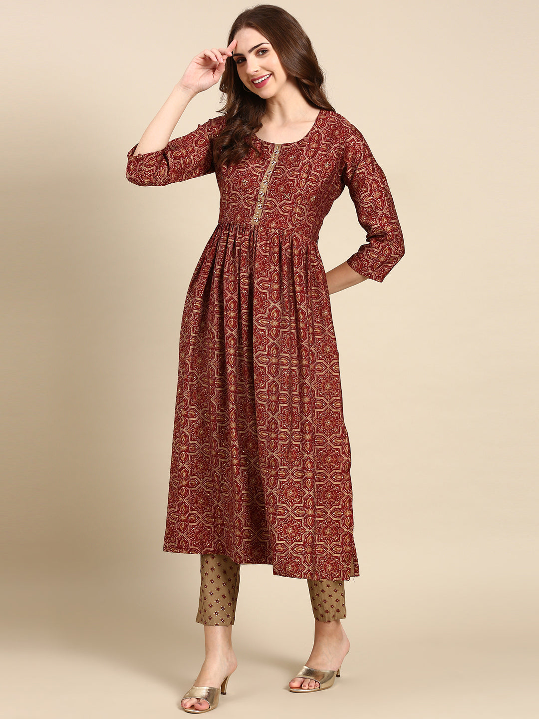 Women's Maroon Printed Kurta Set