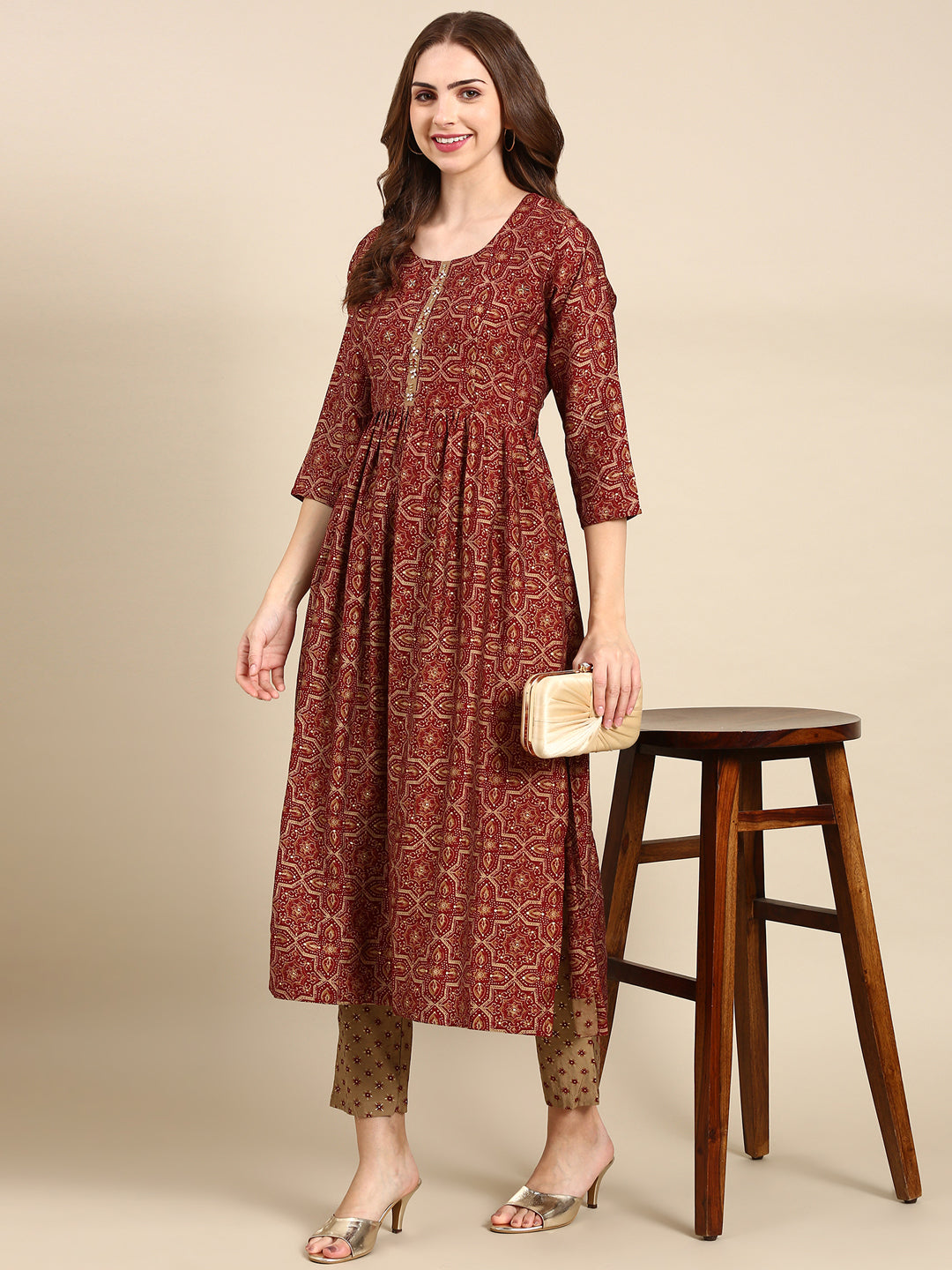 Women's Maroon Printed Kurta Set