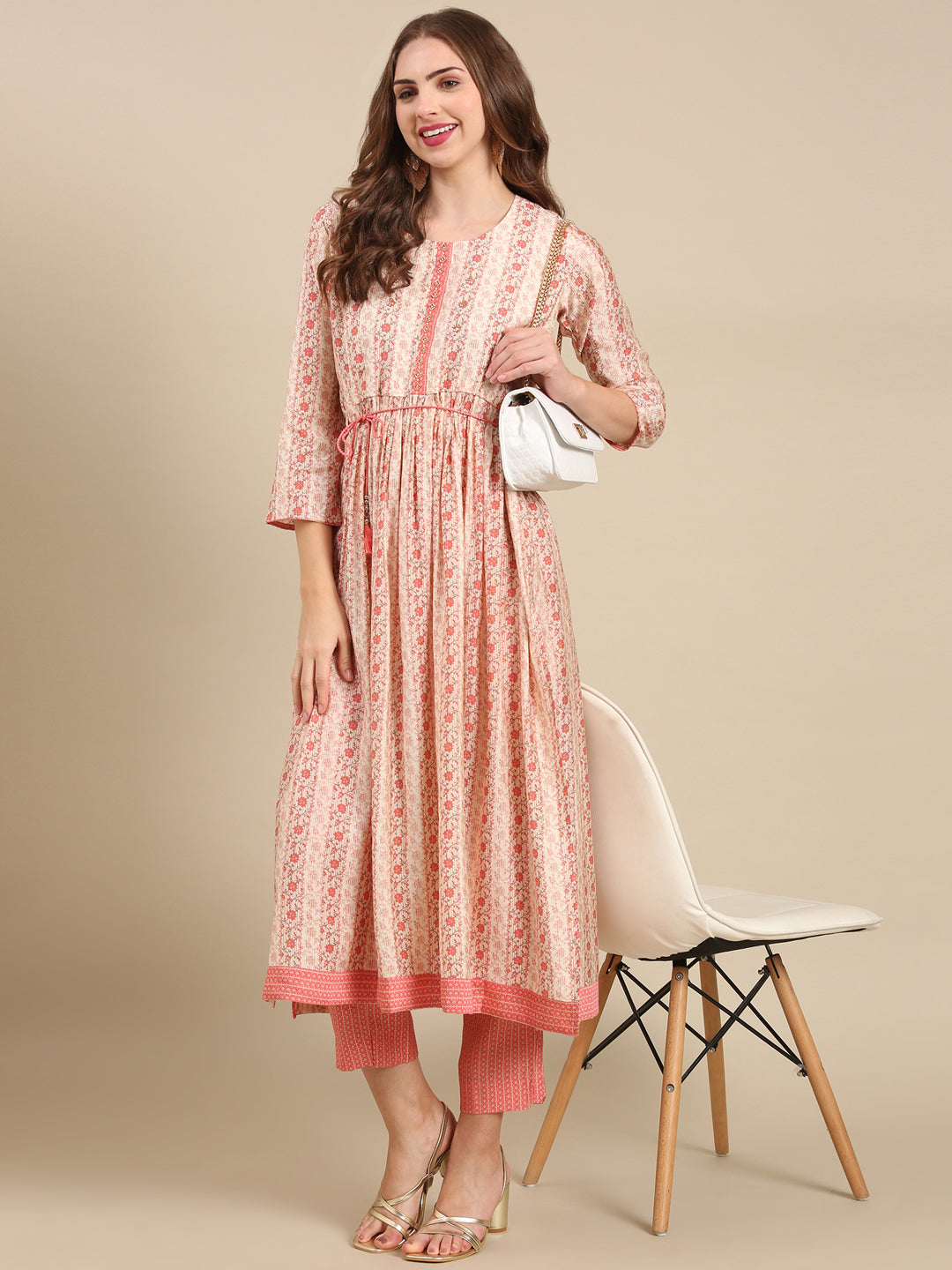 Women's Cream Printed Kurta Set