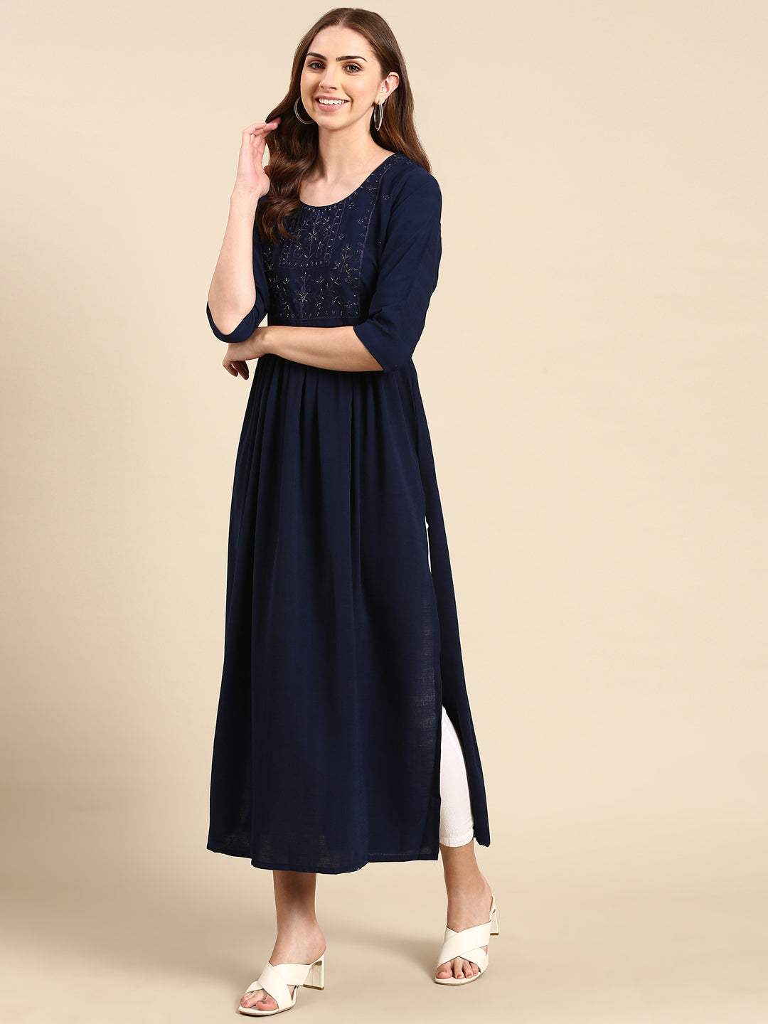 Women's Navy Blue Embellished Anarkali Kurta