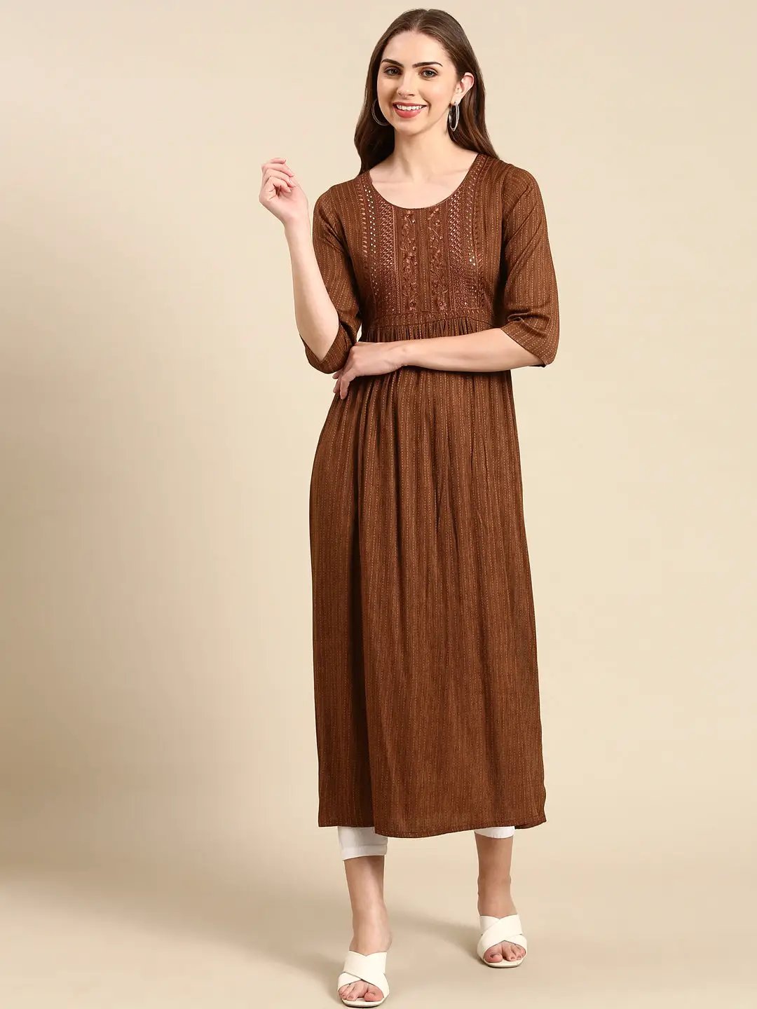 Women's Coffee Brown Embroidered Anarkali Kurta