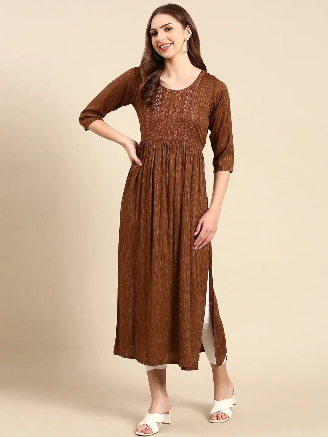 Women's Coffee Brown Embroidered Anarkali Kurta