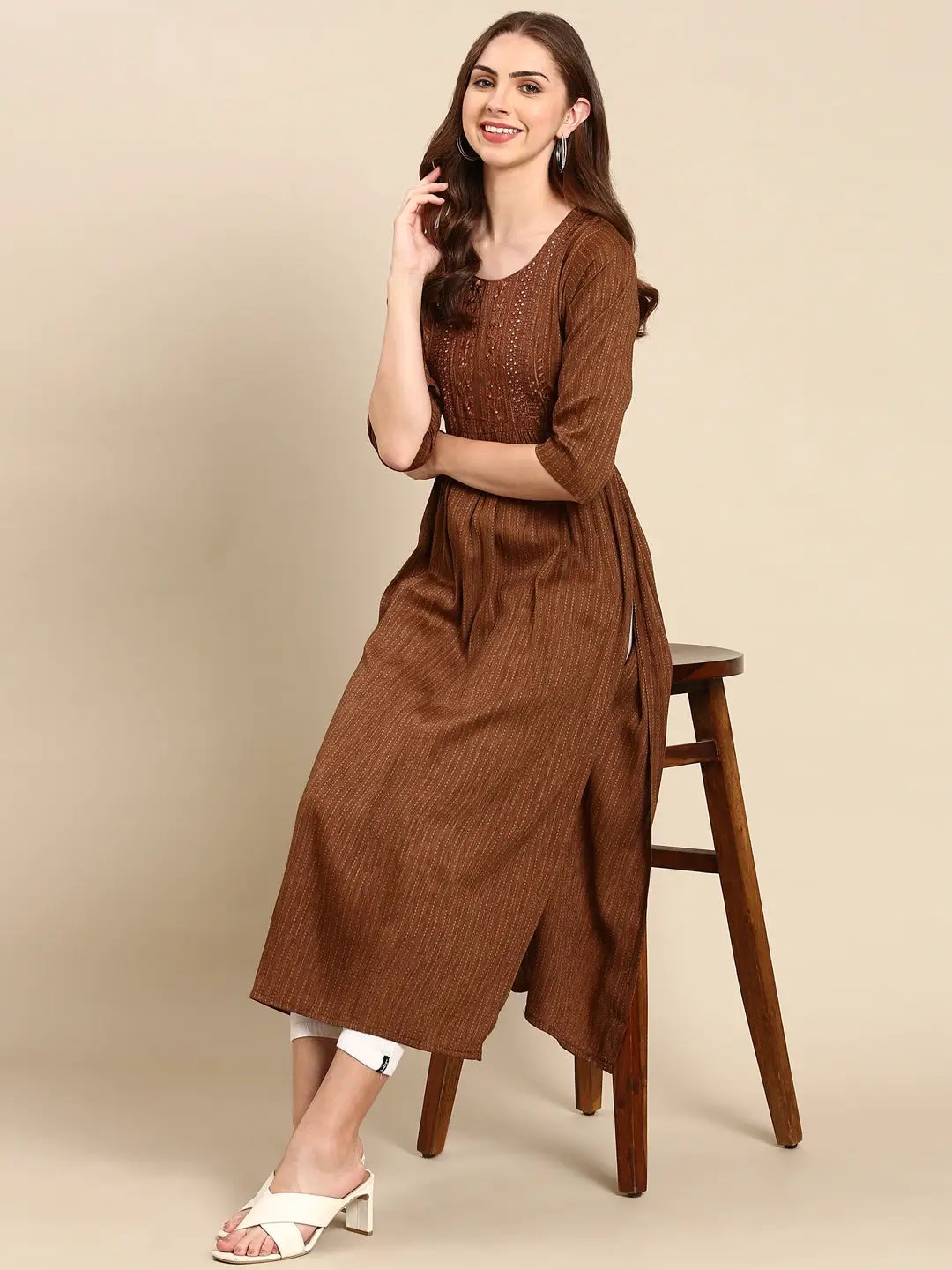 Women's Coffee Brown Embroidered Anarkali Kurta