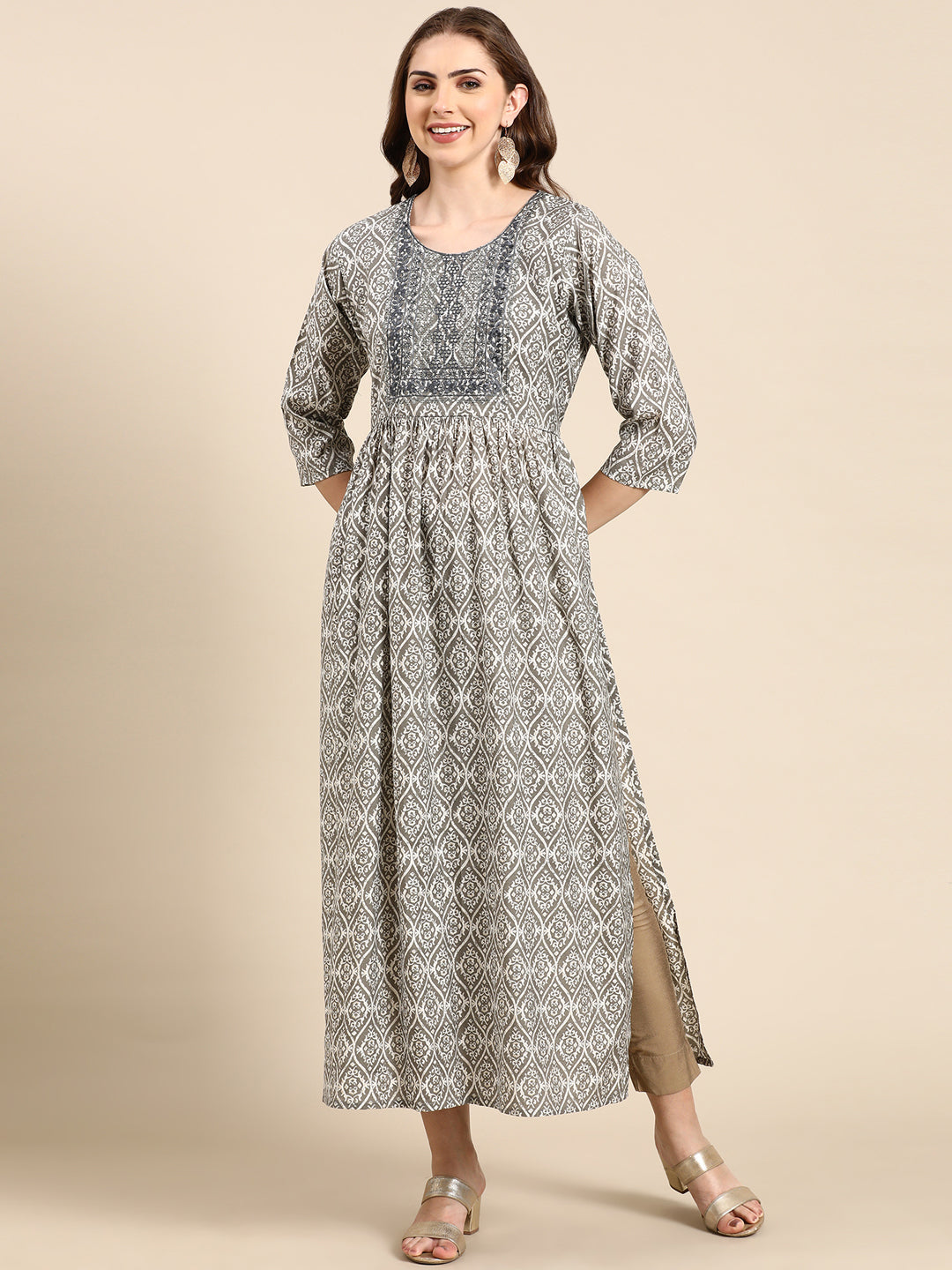 Women's Grey Printed Anarkali Kurta