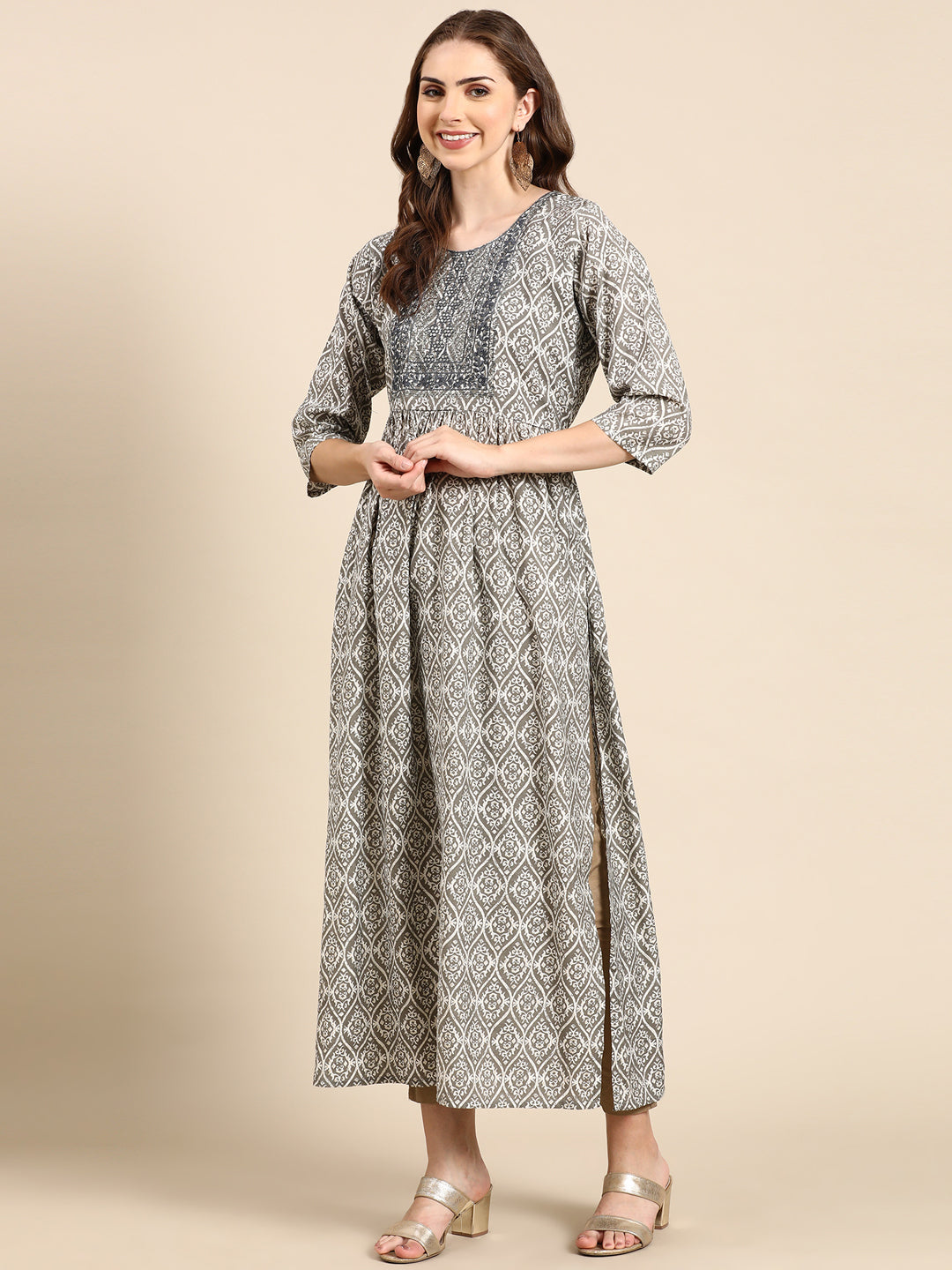 Women's Grey Printed Anarkali Kurta