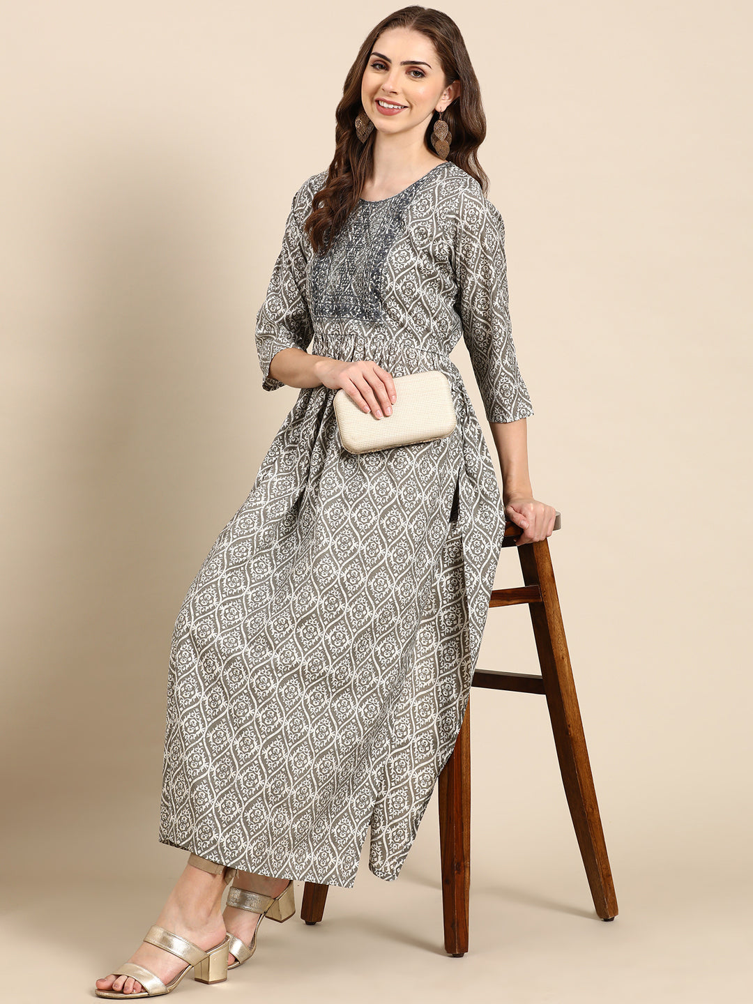 Women's Grey Printed Anarkali Kurta