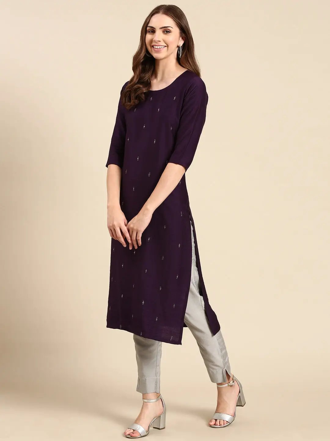 Women's Purple Solid Straight Kurta