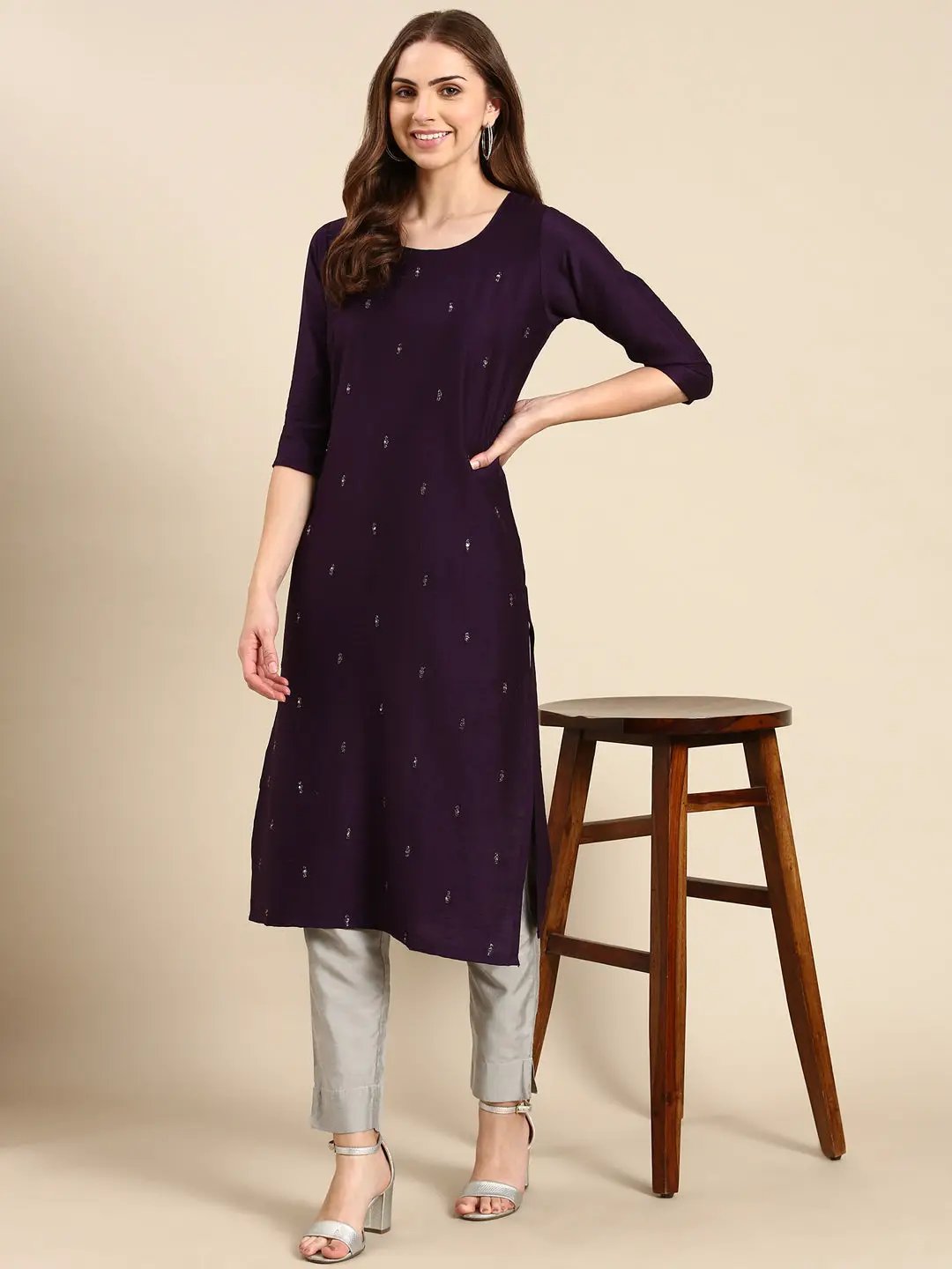 Women's Purple Solid Straight Kurta