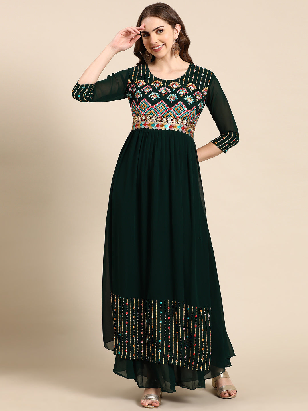 Women's Green Embellished Anarkali Kurta