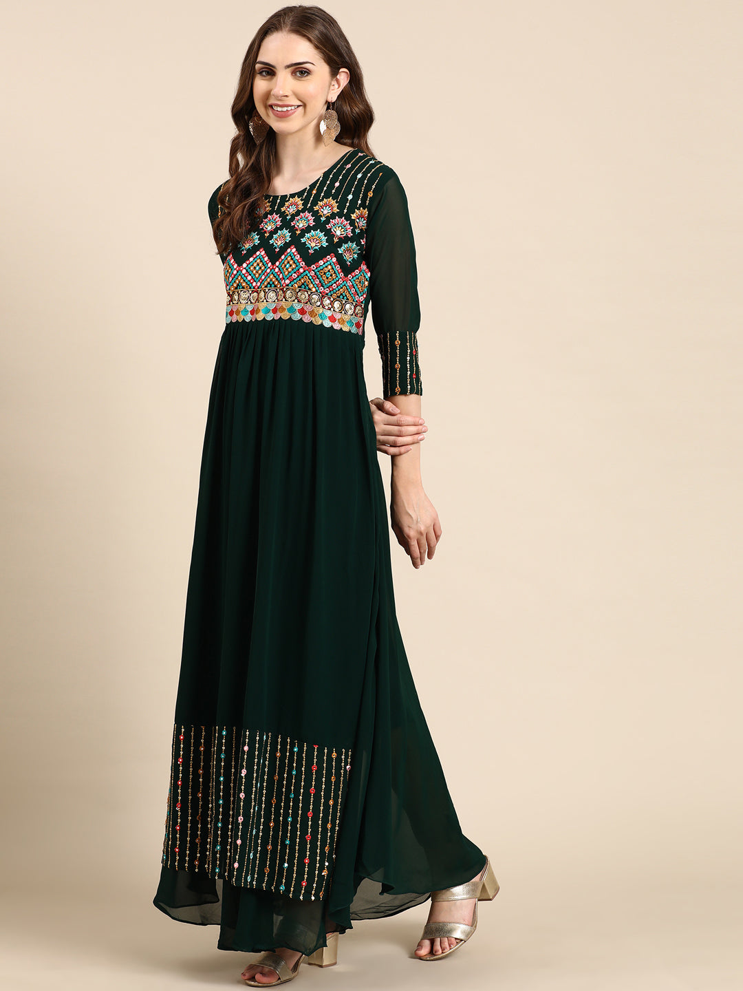 Women's Green Embellished Anarkali Kurta