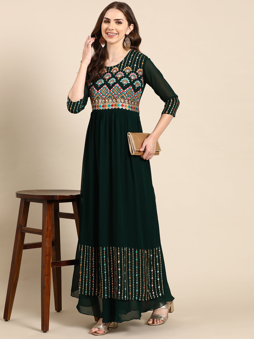 Women's Green Embellished Anarkali Kurta