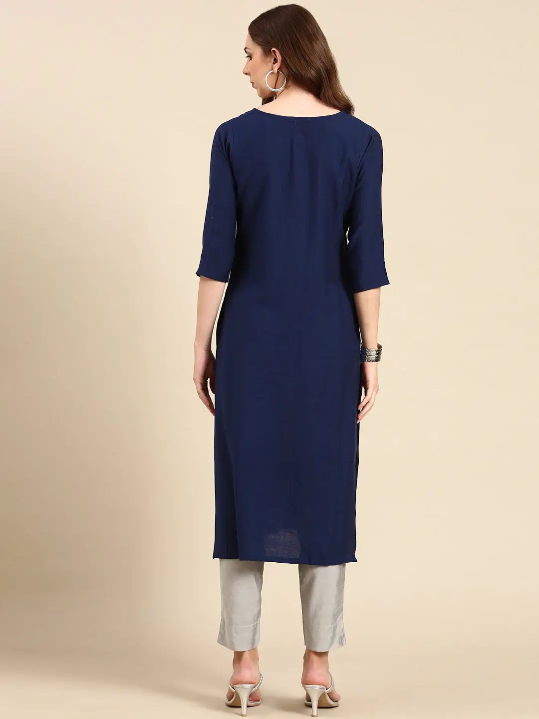 Women's Navy Blue Solid Straight Kurta