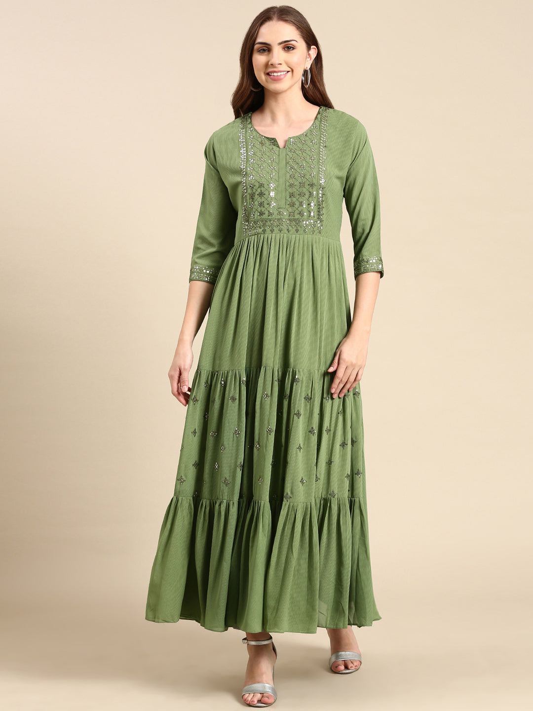 Women's Green Embellished Anarkali Kurta