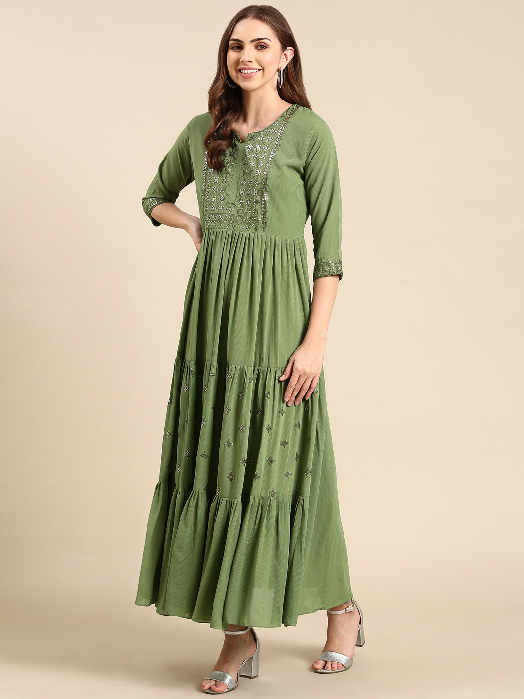 Women's Green Embellished Anarkali Kurta