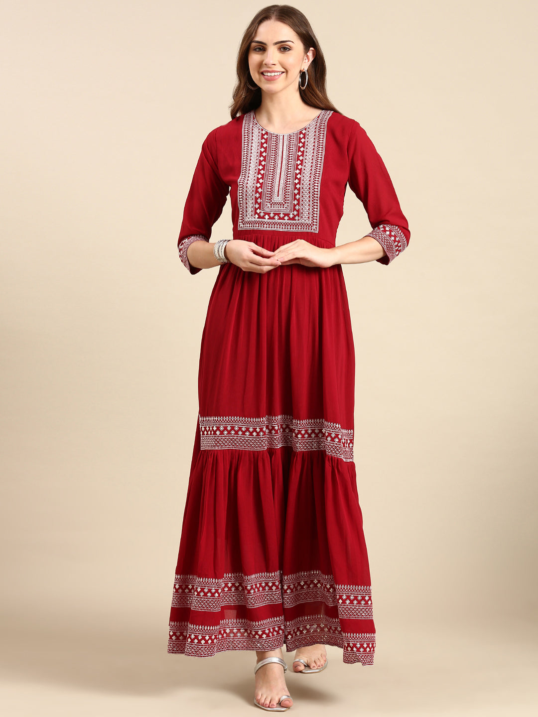 Women's Maroon Embellished Anarkali Kurta