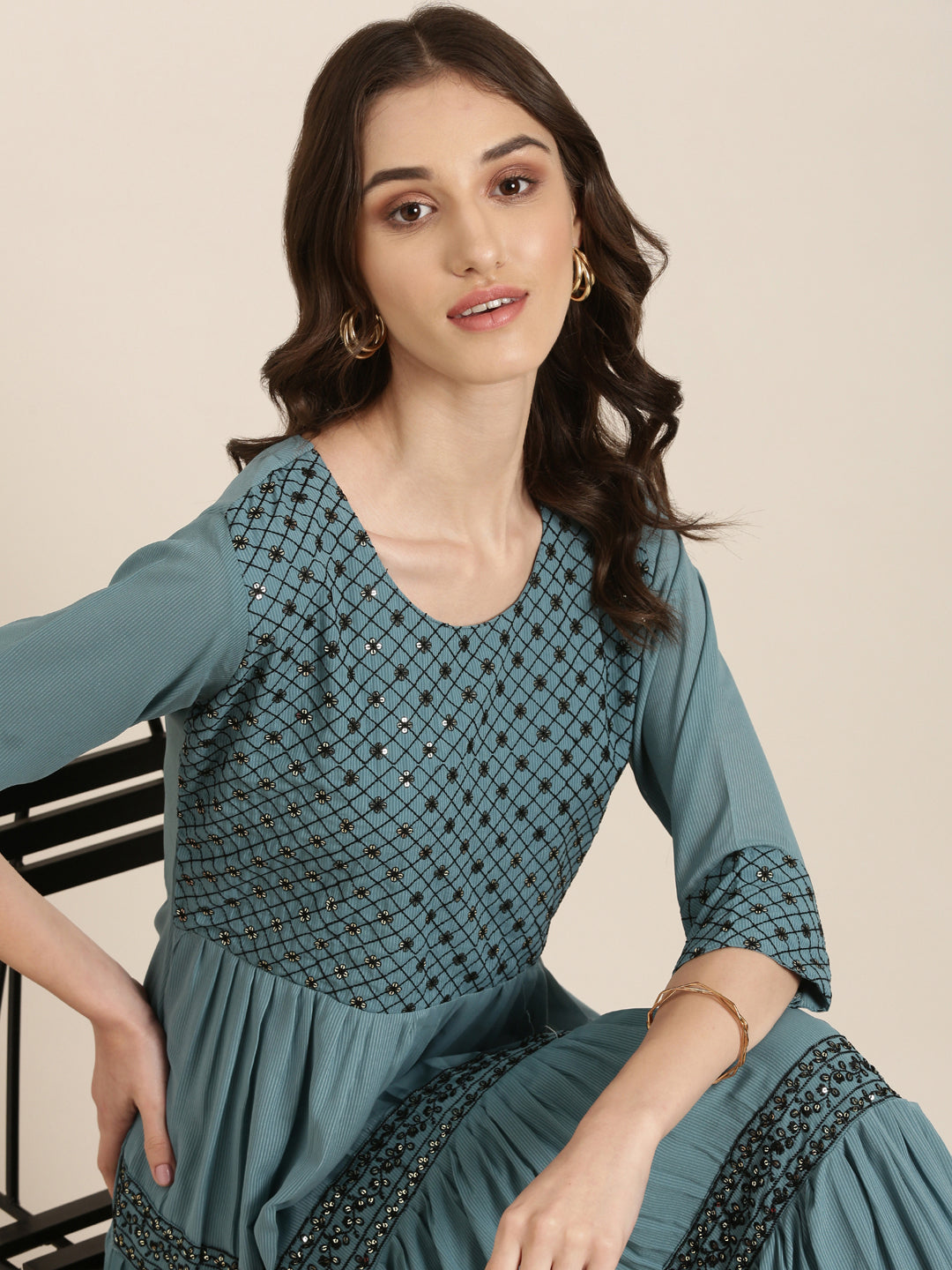 Women Teal Embellished Fit and Flare Kurta