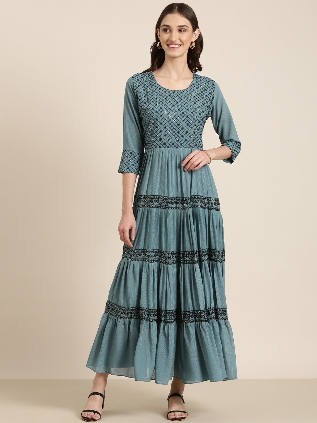 Women Teal Embellished Fit and Flare Kurta