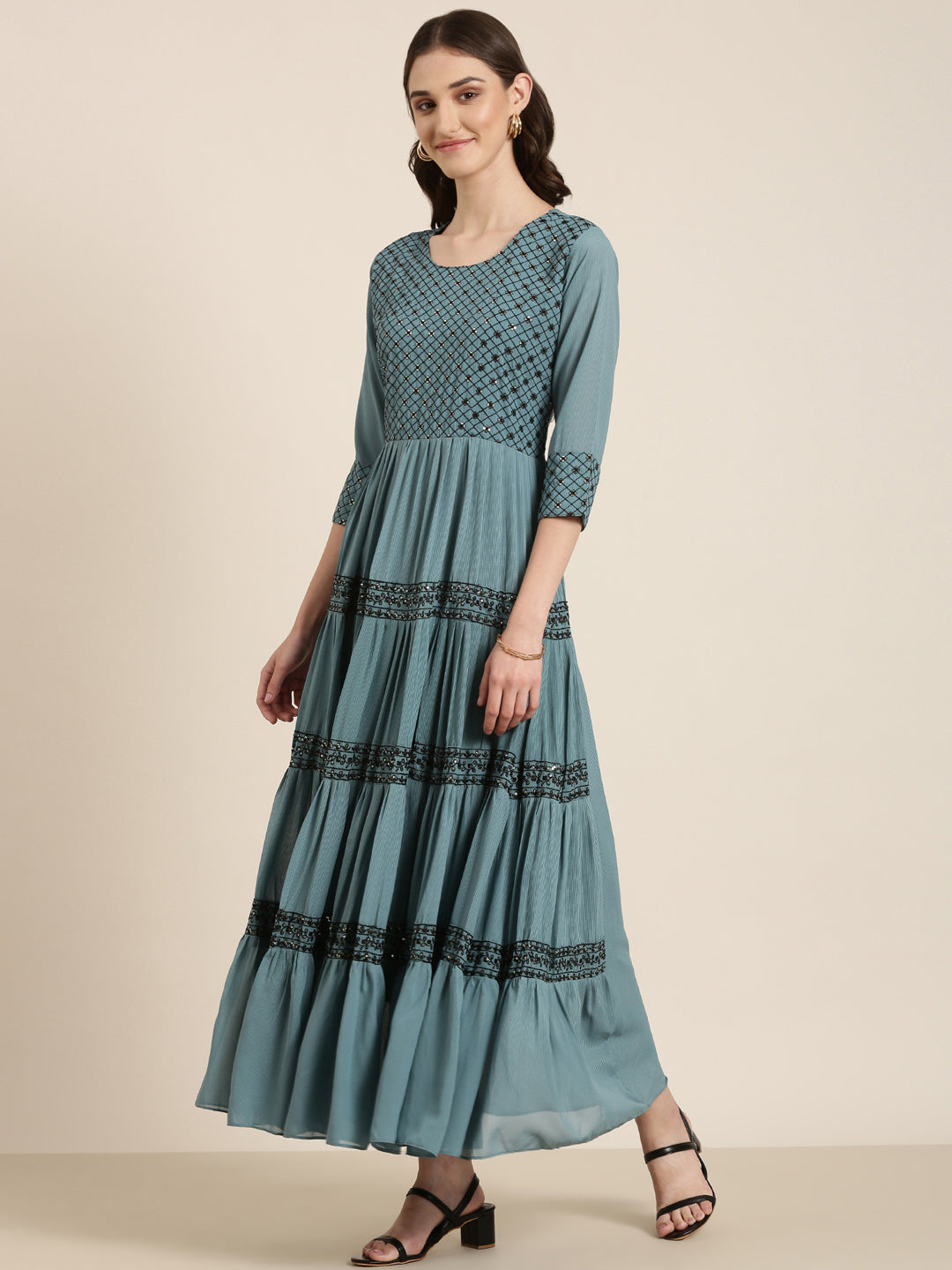 Women Teal Embellished Fit and Flare Kurta