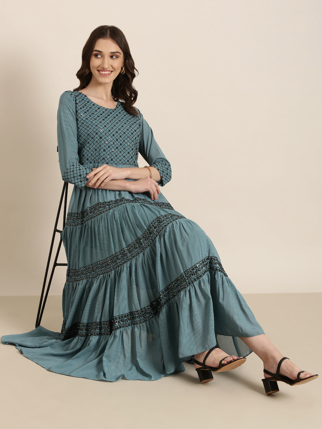 Women Teal Embellished Fit and Flare Kurta