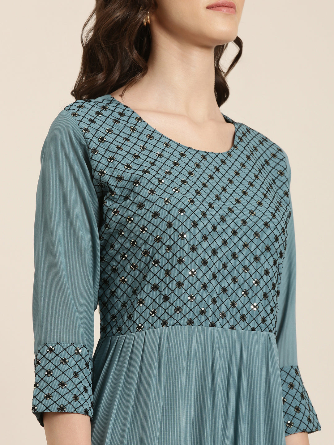 Women Teal Embellished Fit and Flare Kurta