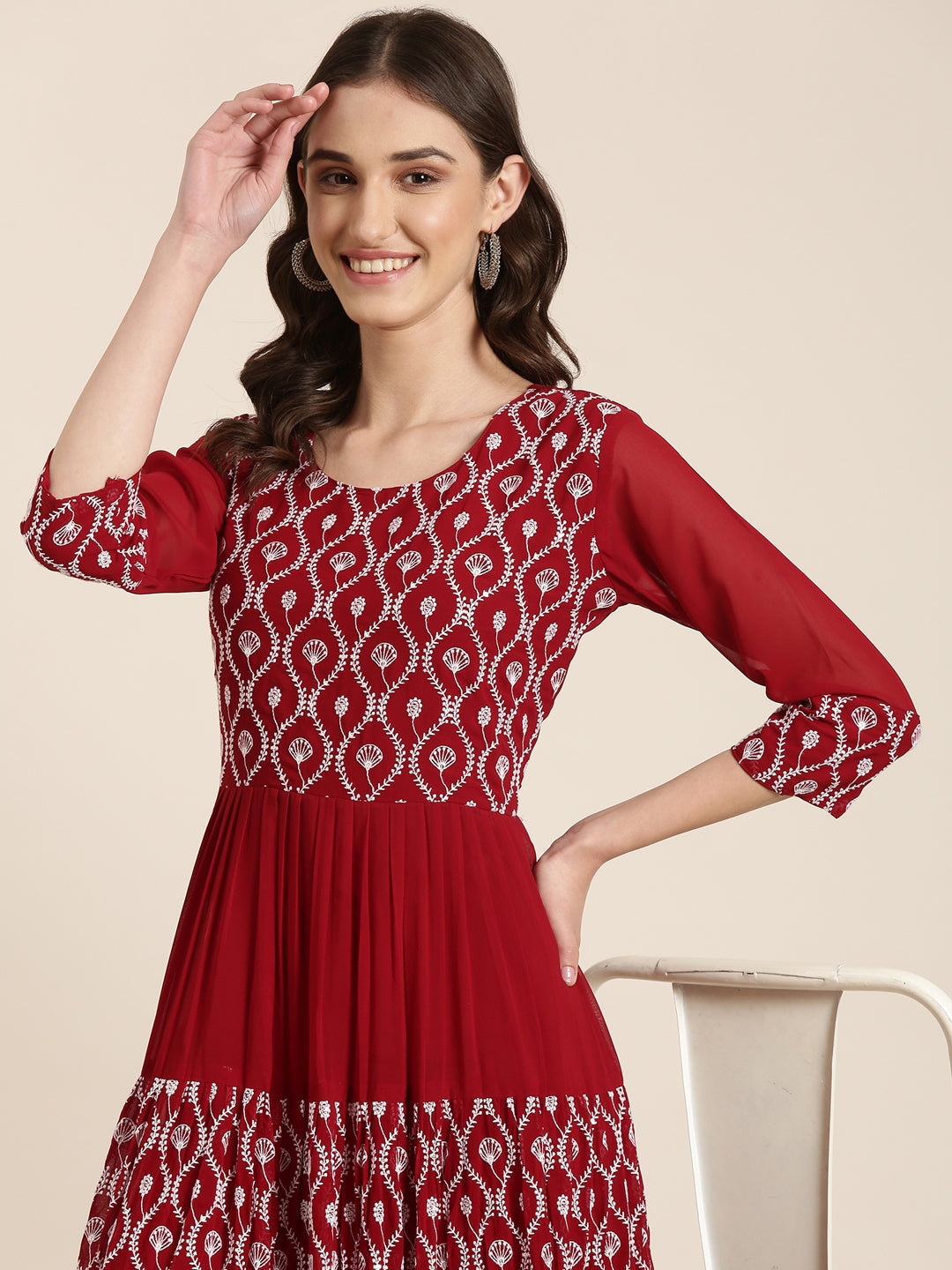 Women Maroon Embellished Fit and Flare Kurta