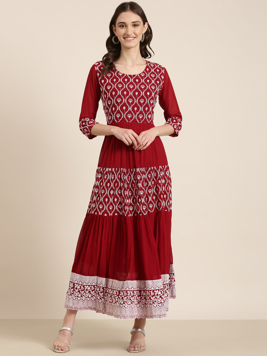 Women Maroon Embellished Fit and Flare Kurta