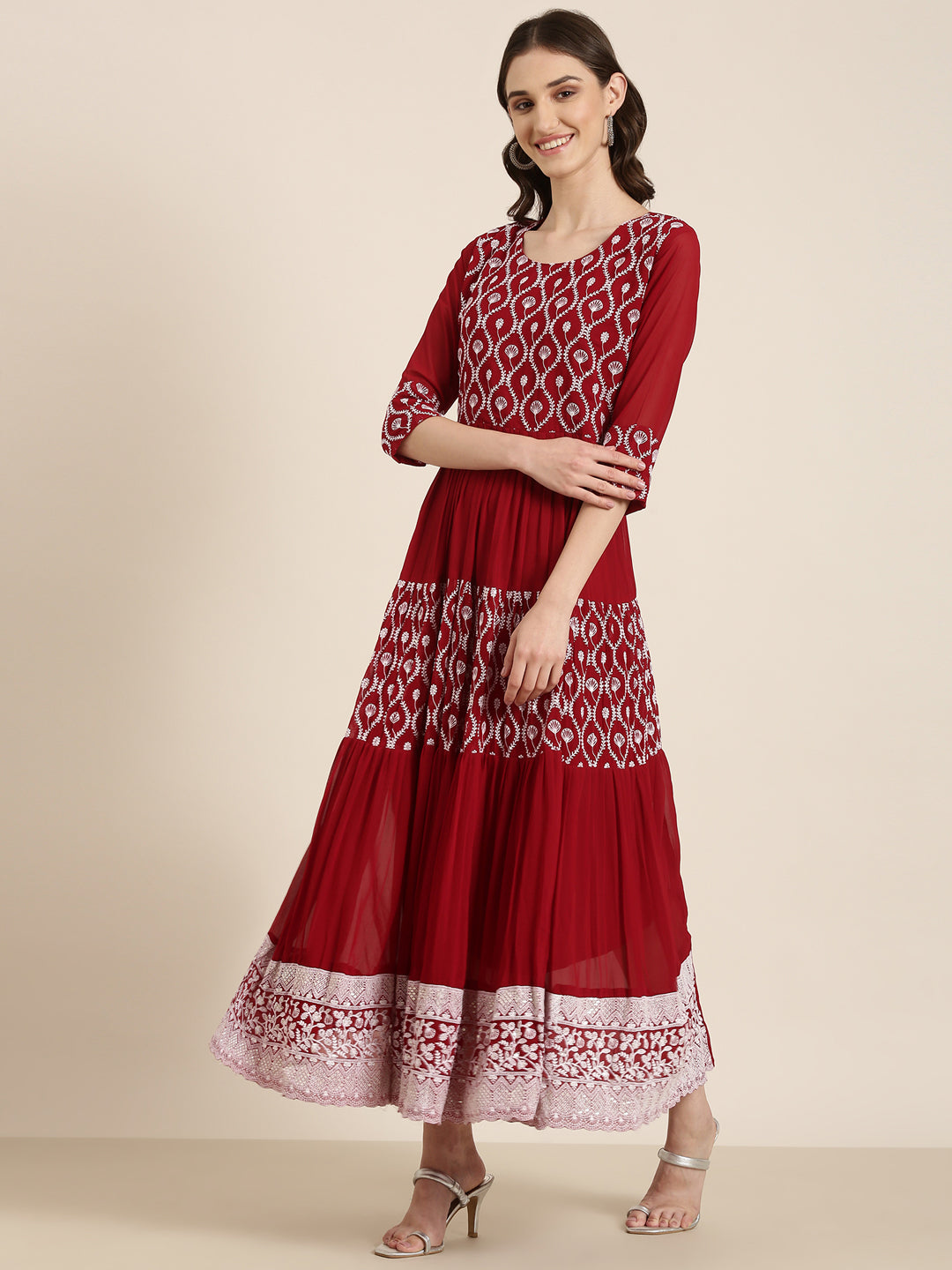 Women Maroon Embellished Fit and Flare Kurta